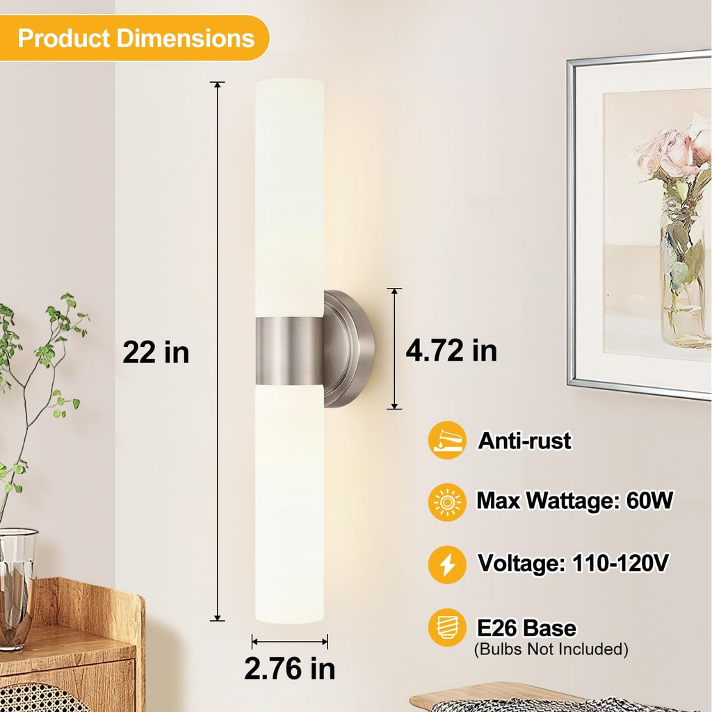 Wall Sconces Set of Two, Modern Bathroom Sconces Wall Lighting with Milky White Glass, Brushed Nickel Sconces Wall