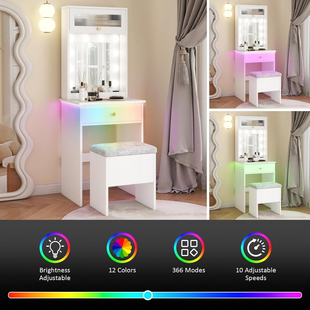 Small Vanity with Mirror & RGB Light White Makeup Set | Table Storage Rack, Mini Vanity with Storage Chair, Space