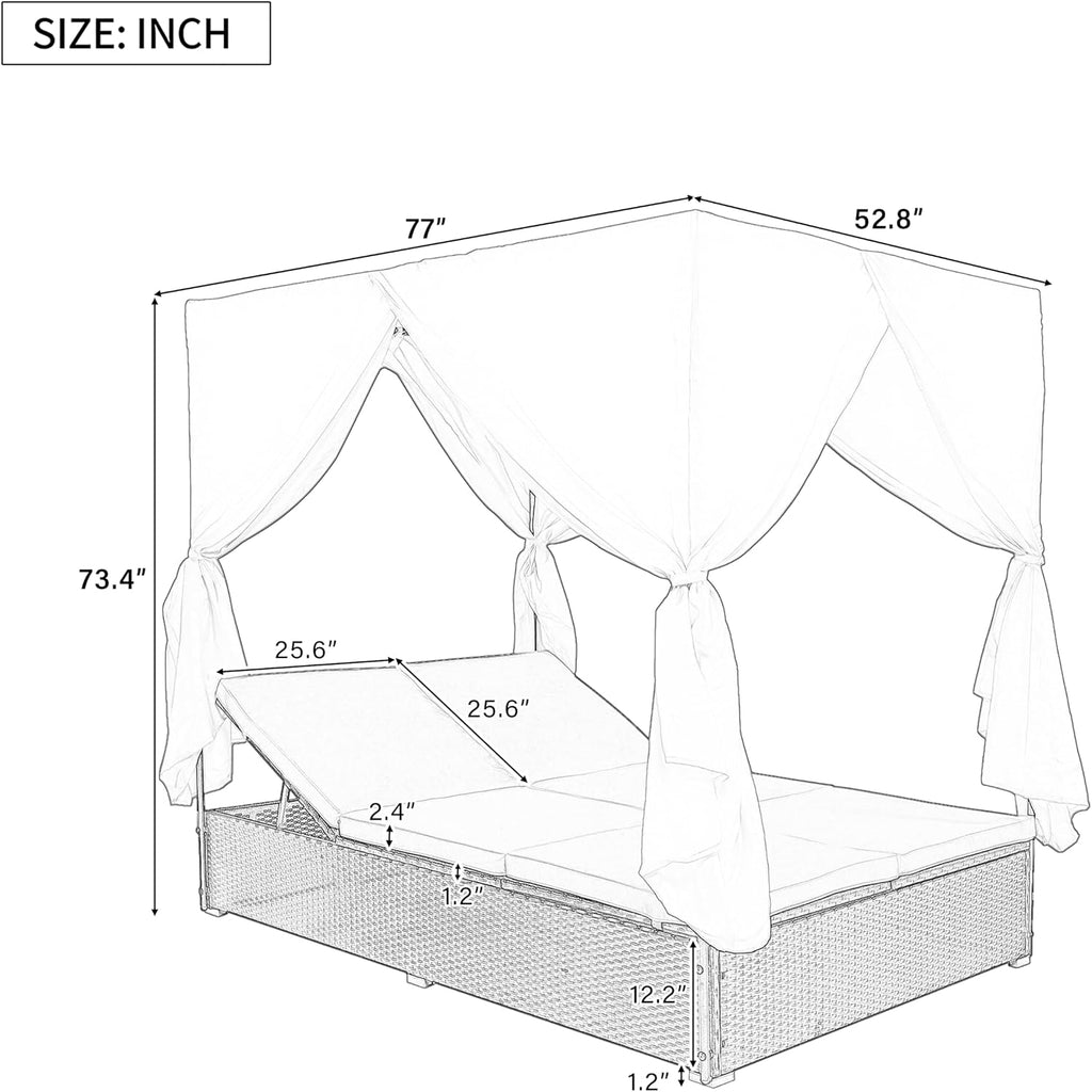 Patio Chaise Lounge, PE Rattan Outdoor Patio Wicker Sunbed Daybed with Adjustable Seats, Four-sided Canopy, Overhead