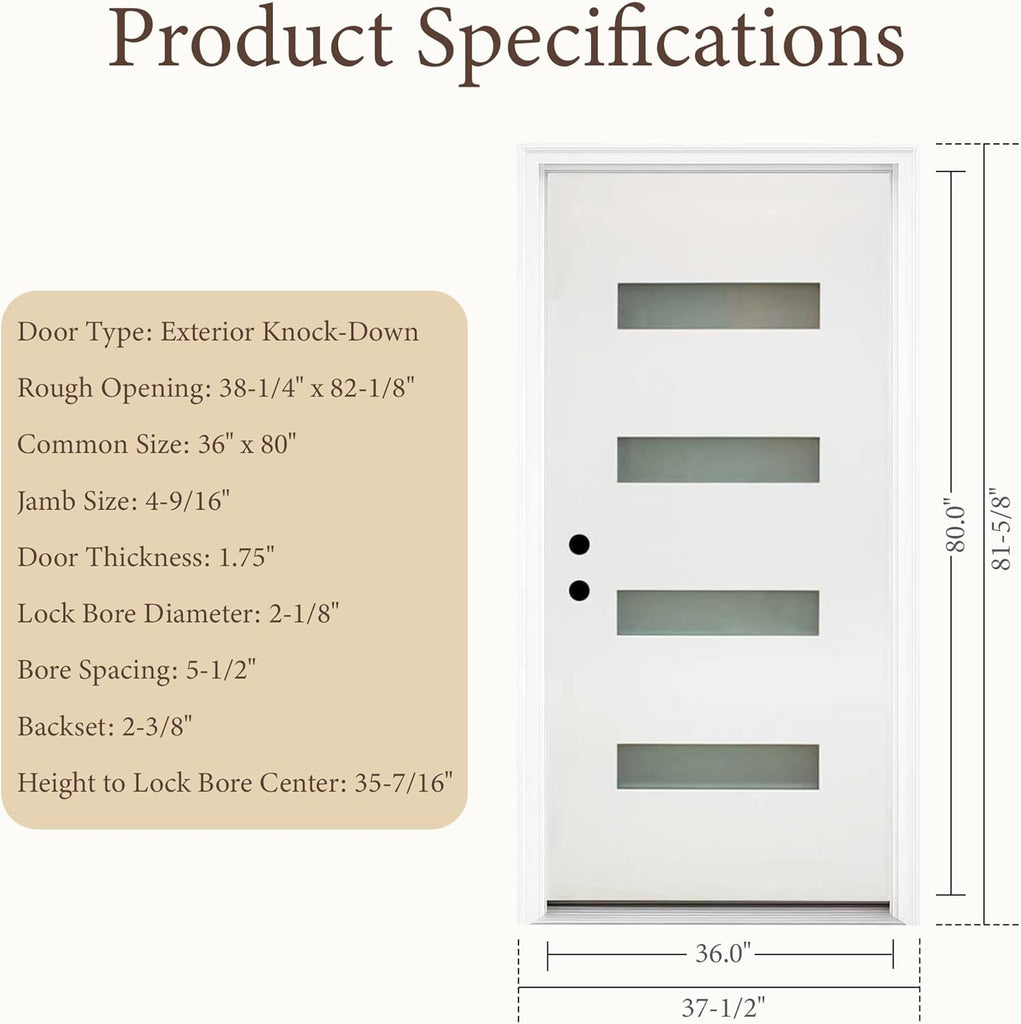 36" x 80" Fiberglass Entry Door with 4-Lite Frosted Glass - White, Right Hand Inswing, 4-9/16" Vinyl Frame