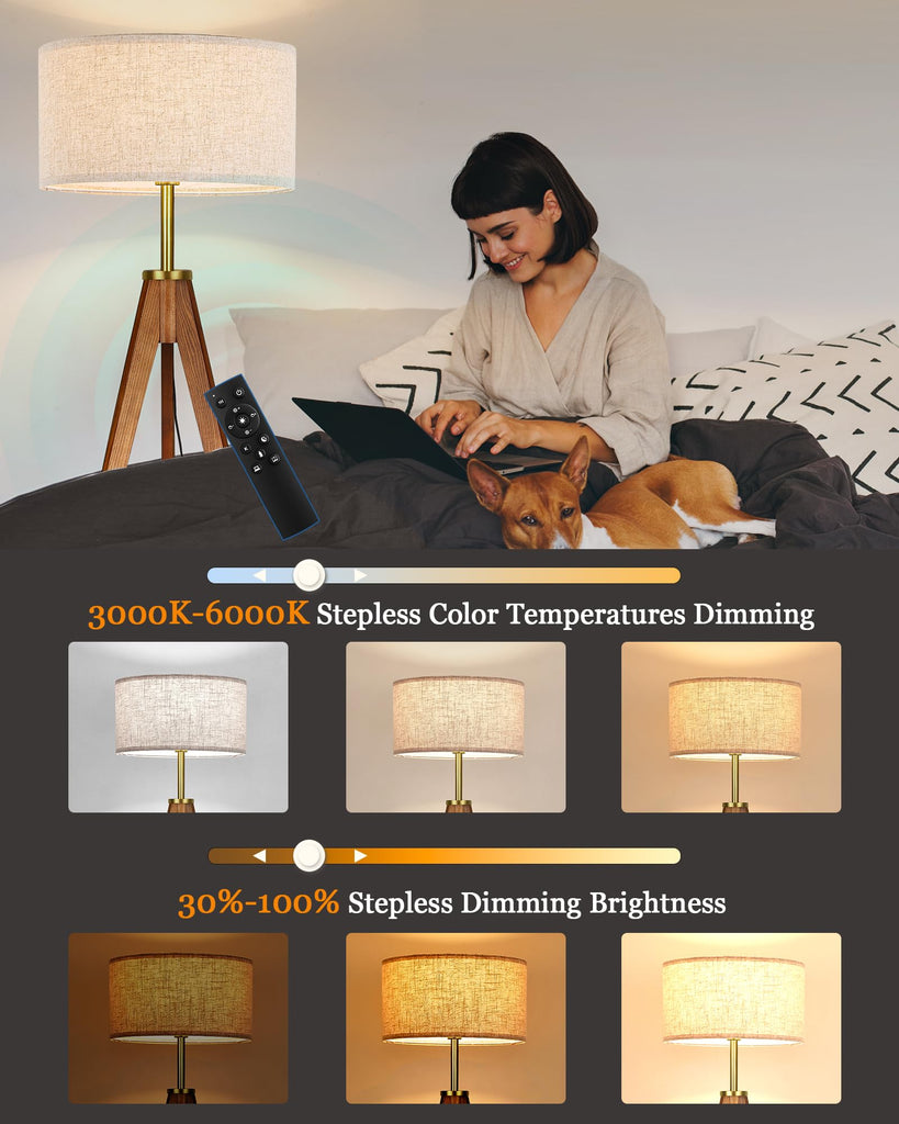 Floor Lamp, Solid Ash Wood Tripod Floor Lamp with Remote Control, Stepless Dimmable Standing Lamp, Tall Lamp