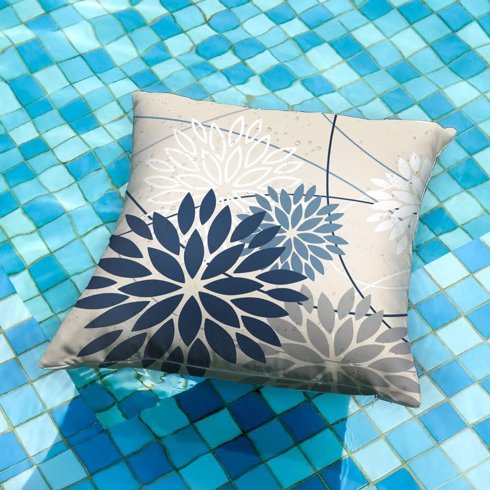 Blue and Gray Floral Pillow Covers 18x18 Set of 2 Outdoor Waterproof White Colored Decorative Throw Pillows Summer
