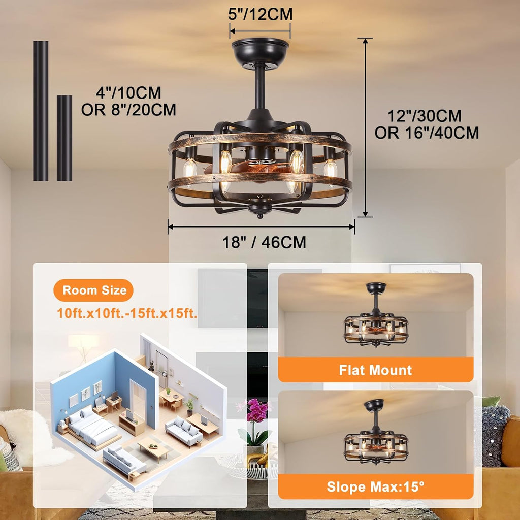 Caged Ceiling Fans with Lights Black Farmhouse 18‘’ Flush Mount Bladeless Rustic Chandeliers Fan Lights with Remote