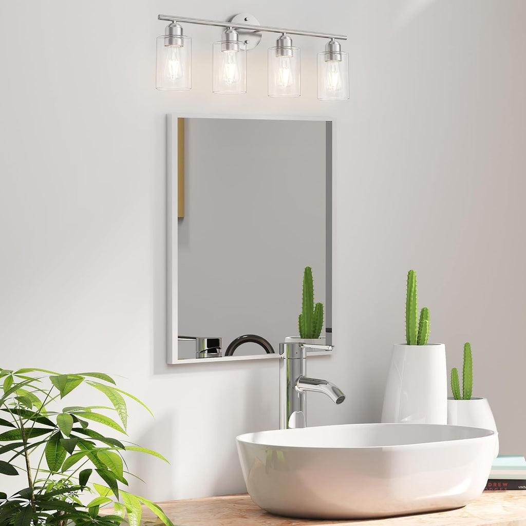 Bathroom Vanity Light Fixtures Brushed Nickel,4 Lights Rustic Farmhouse Vanity Bar Lighting Over Mirror Modern