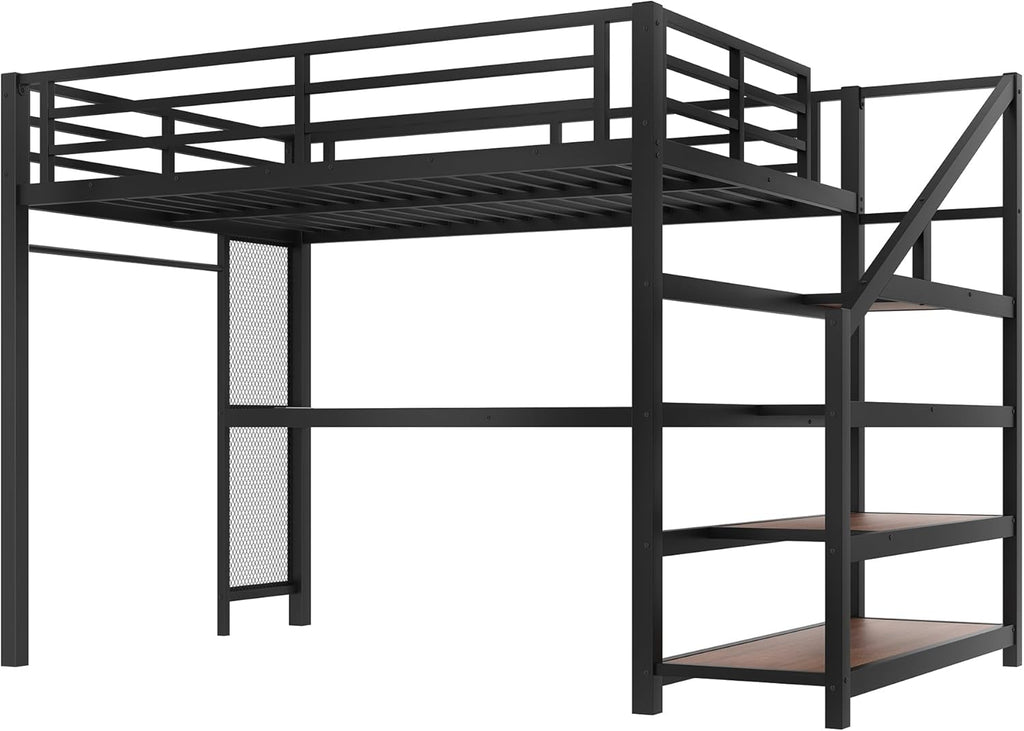 Metal Full Loft Bed with Desk and Storage Stairs,Heavy Duty Loft Bed Frame Full with LED Lights and Charging Station