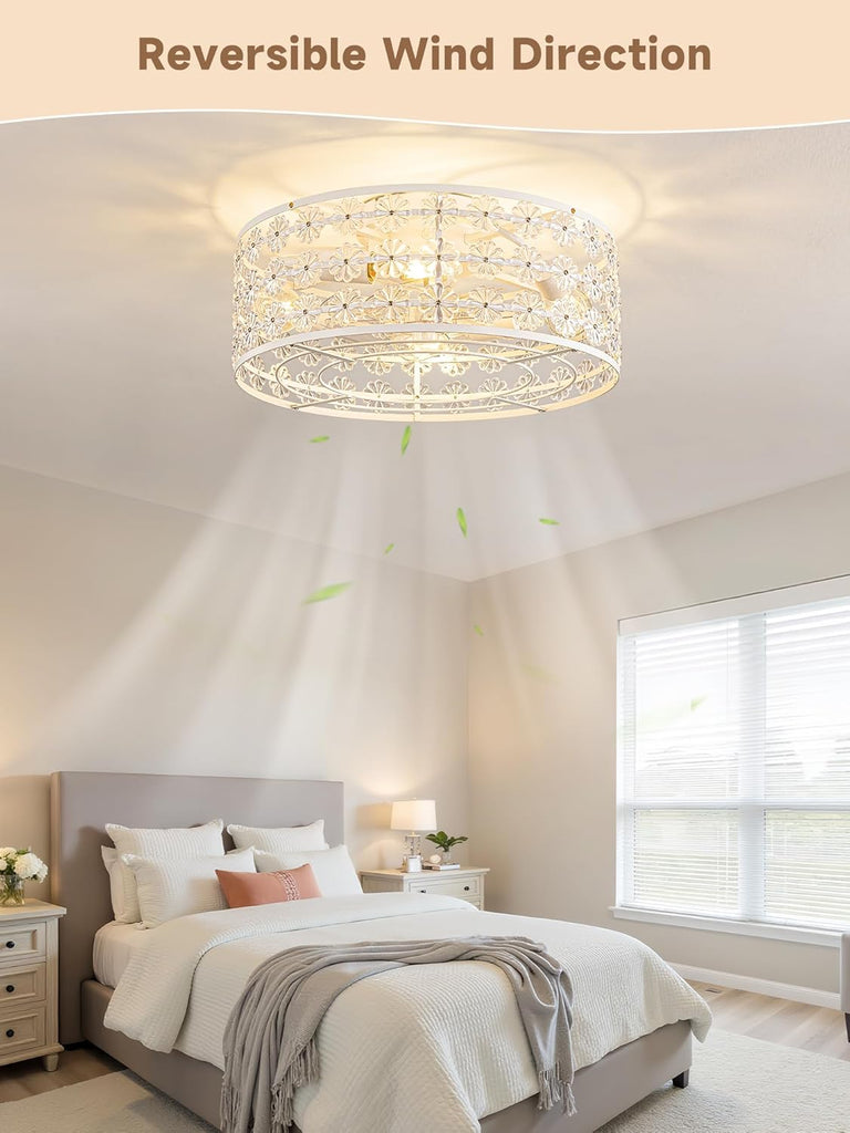 White Caged Ceiling Fan with Light and Remote, Modern Romantic Flower Crystal Ceiling Fans with Lights