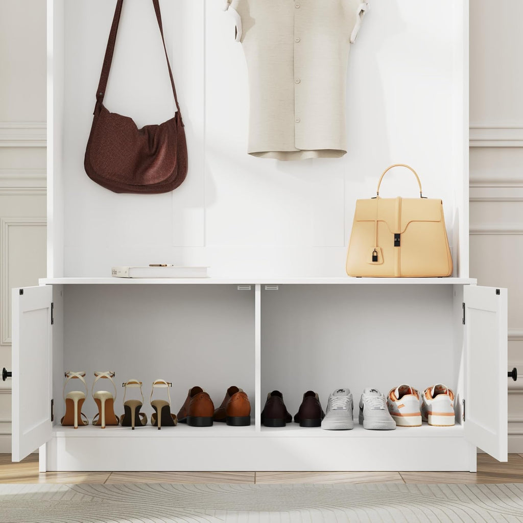 White Hall Tree with Storage, 70.9" Tall Entryway Bench with Shoe Storage, Coat Rack and Top Shelf, Freestanding