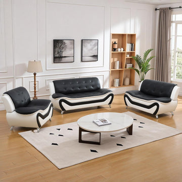 Living Room Furniture Set , Faux Leather Couch Sets, Modern Couch (3 Piece Set,Black&White)