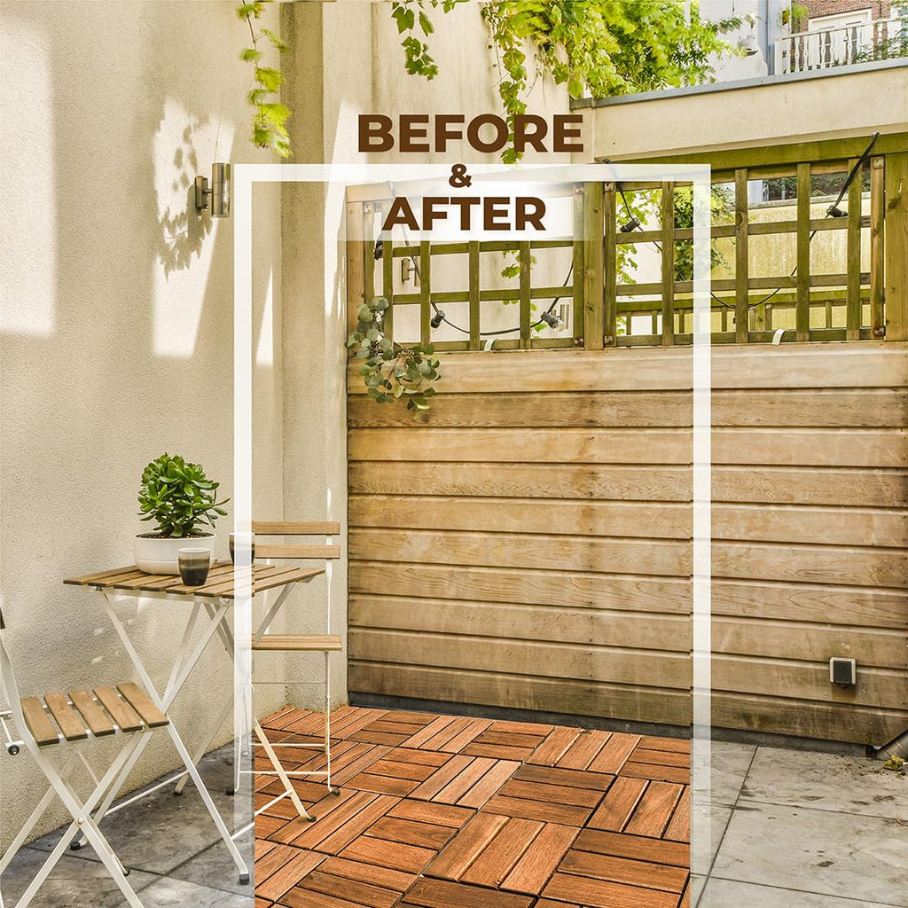 Premium Acacia Wood Interlocking Deck Tiles - Set of 9 pcs, 12"x12", Waterproof Outdoor Patio Flooring