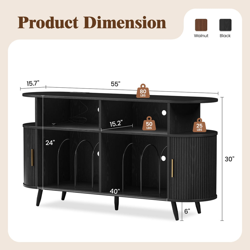 Large Record Player Stand with Storage, Media Stereo Shelf Charging, Black