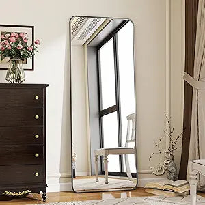 Black Full Length Mirror, 56"X21" Rounded Corner Floor Mirror Standing Hanging Or Leaning Against Wall, Suitable Or