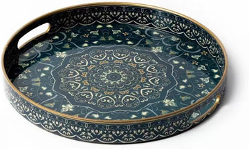 Round Serving Tray with Handles - Large Round Ottoman Tray Coffee Table Tray,Plastic Decorative Serving Trays for