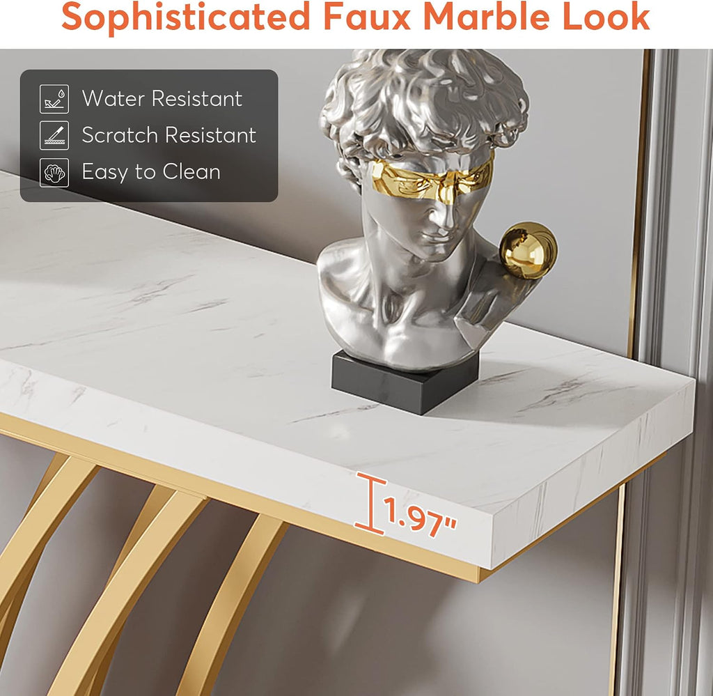 59 inch Gold Console Table, Modern Entryway Table with Grid-Shaped Metal Base for Entrance, Hallway, Entryway, Living