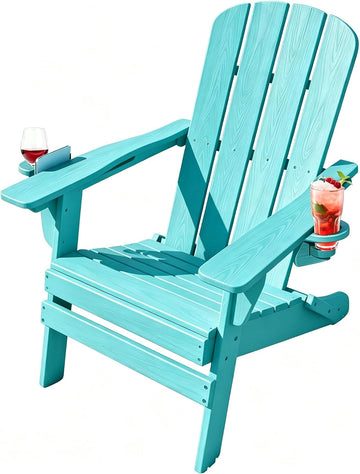 Folding Adirondack Chairs Set with Cup Holder, All-Weather Resistant HDPE Patio Firepit Chairs, Foldable Sturdy