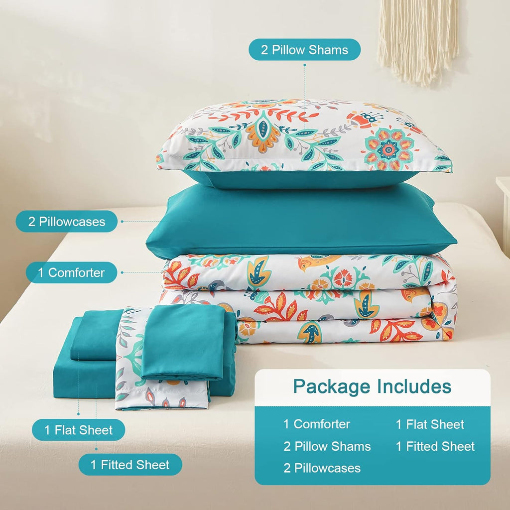 Boho Comforter Set - 7 Pieces Bed in a Bag Floral Medallions Design, Bohemian Comforter Set with Sheets