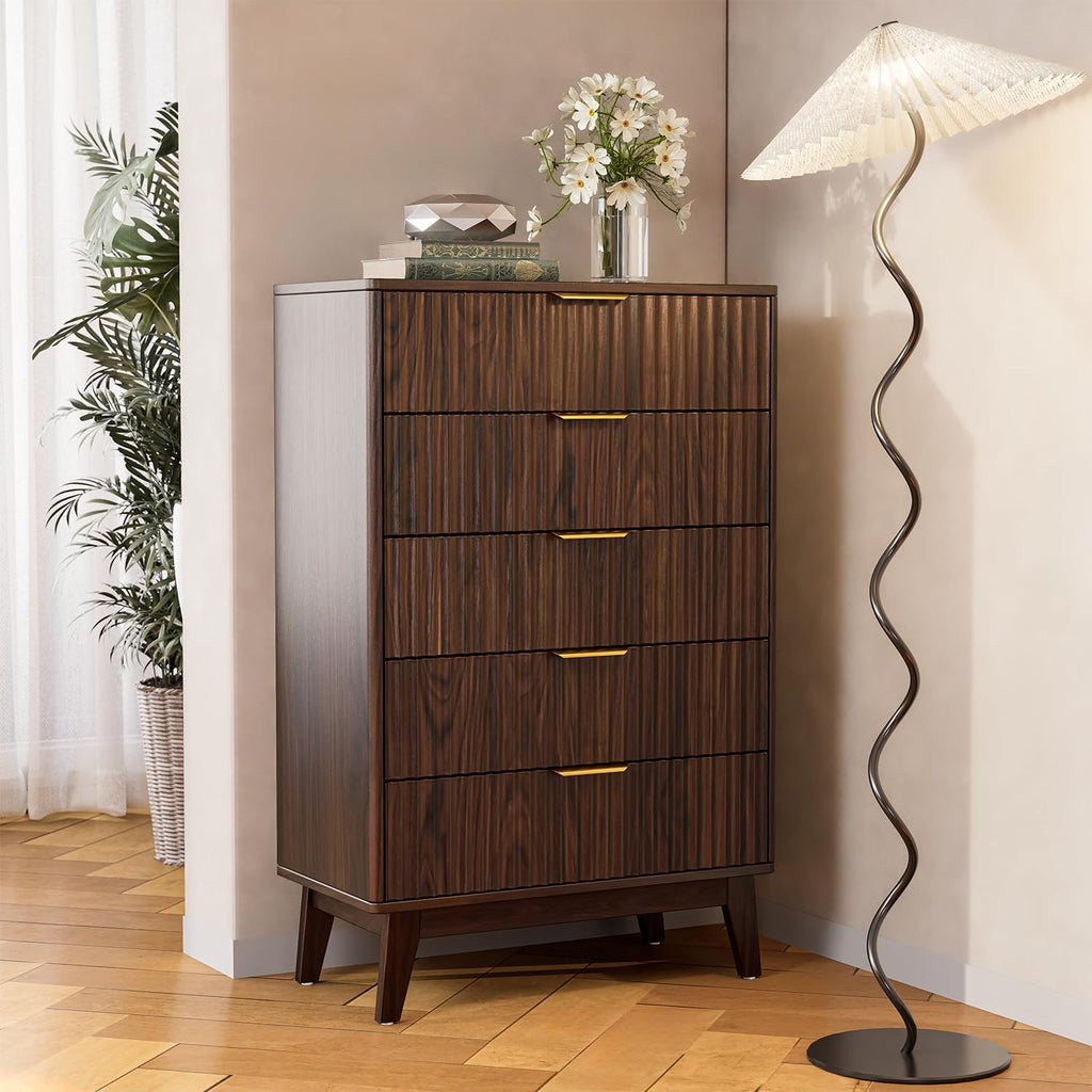 5-Drawer Dresser Fluted Drawers, Mid-Century, Walnut | 31"W x 15.4"D x 48"H, 130 lbs top / 40 lbs per drawer (7.7"H)