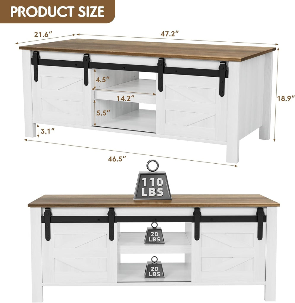 Farmhouse Coffee Table with Storage & Sliding Barn Doors, Modern Rustic Living Room Table with Adjustable Shelves