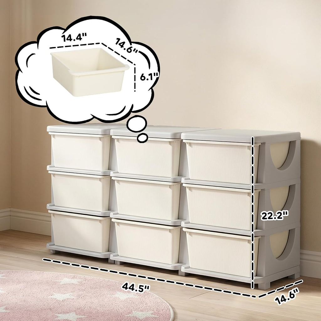 9 Drawers Kids Storage Unit 3 Tier Toy Organizers Cream White | Stackable Storage Chest, Bedroom, Nursery, Playroom