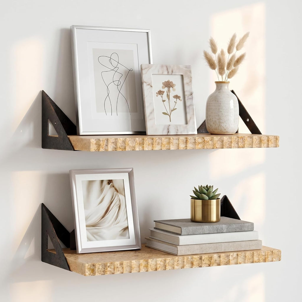 Hanging Wall Shelves Set of 2 - Wood Wall Shelves with Gold Accents - Heavy Duty Wall Mounted Storage & Decor Shelves