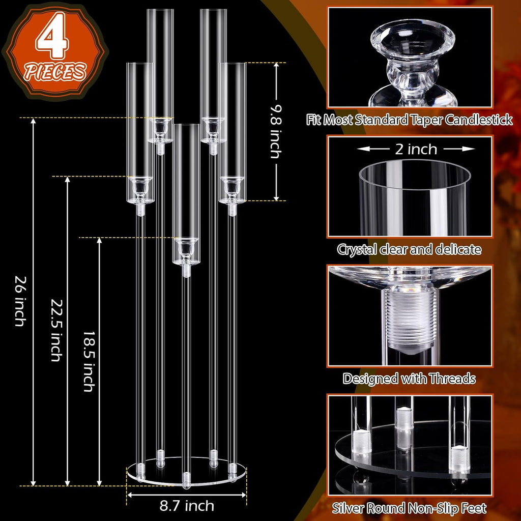 4 Pcs Acrylic Candelabra Centerpieces Clear Taper Candle Candlestick Holder Crystal 5 Arm Candlesticks Holder with