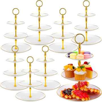 Tier Cupcake Stand Bulk Tiered Dessert Stand Thick Plastic Serving Tray with Gold Edges Dessert Table - Set of 8