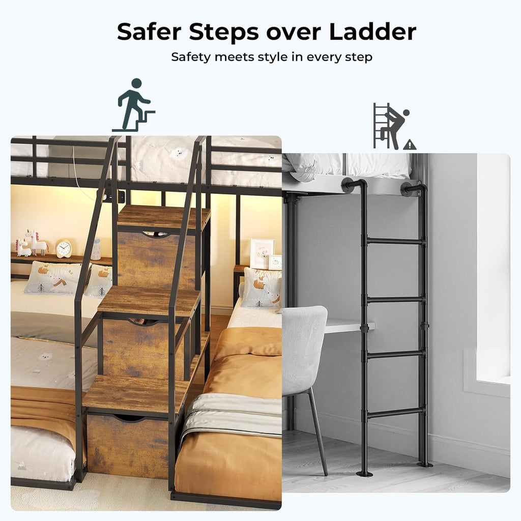 Triple Bunk Bed with Storage Staircase, RGB Lights & Charging Station, Twin Over Twin