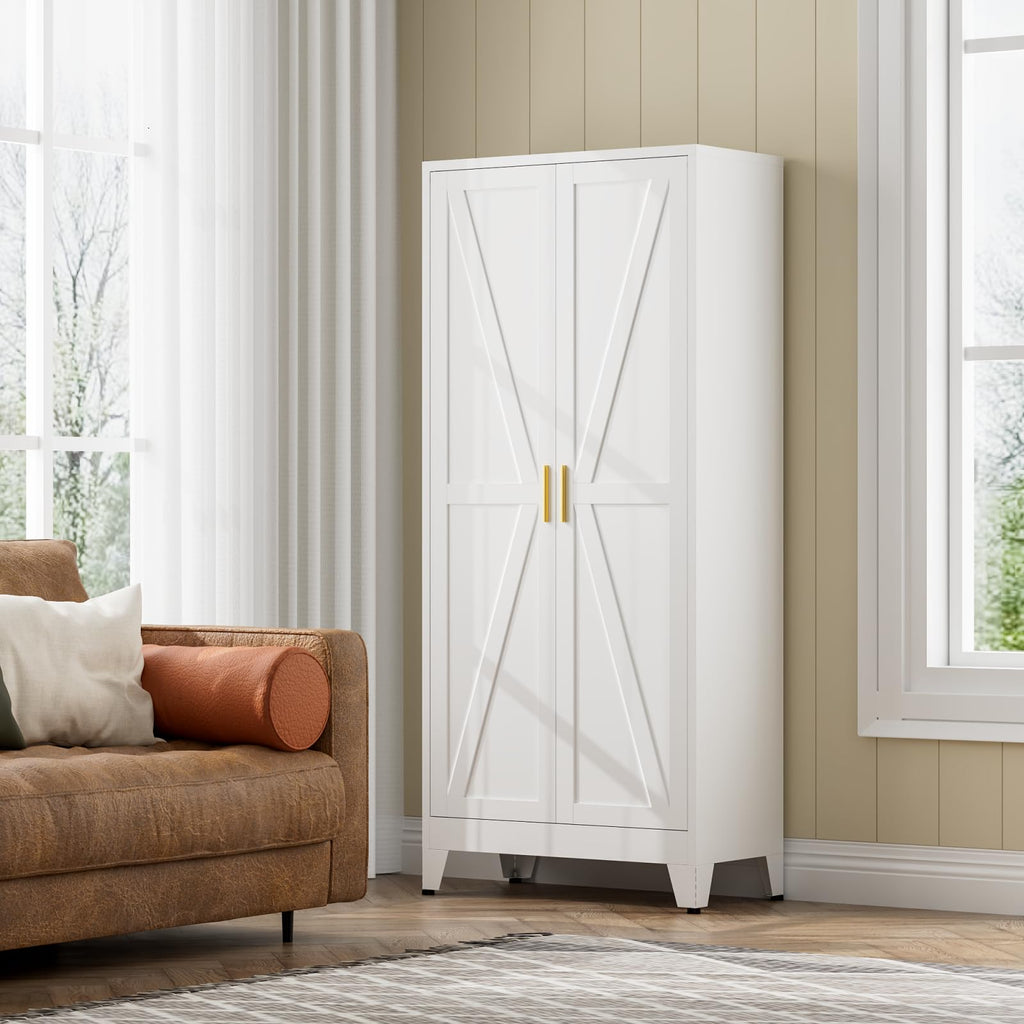 White Farmhouse Storage Kitchen Pantry Cabinet with 2 Barn Door, 3 Adjustable Shelves and Legs, for Cupboard/Dining