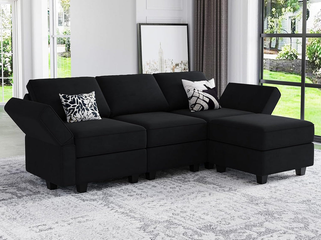 Modern L Shaped Velvet Sectional Sofa with Chaise, Black, Storage, Adjustable Arm/Backrest
