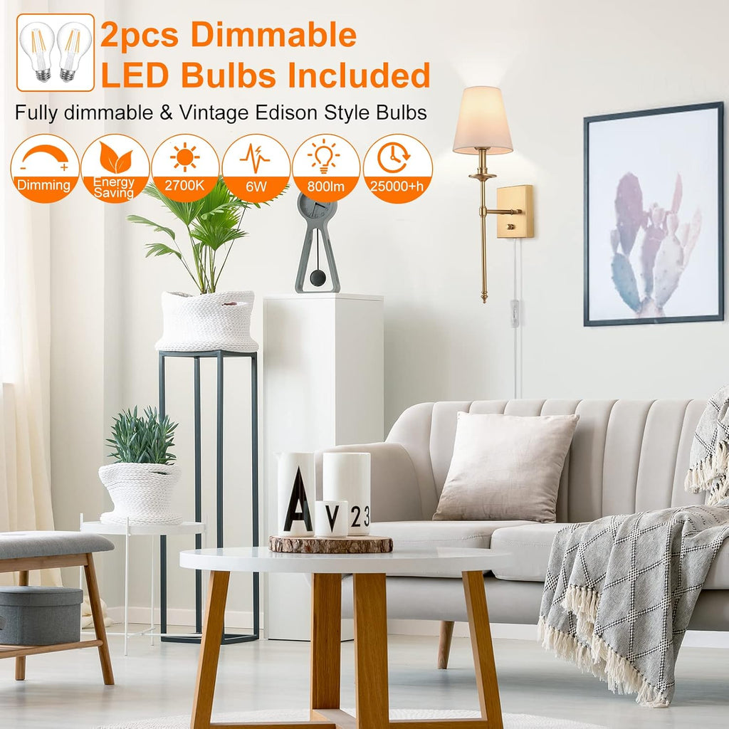 Dimmable Wall Sconces Set of Two, Plug in Wall Sconces White Fabric Shade, Wall Lamp for Bedroom, Living room, Plug