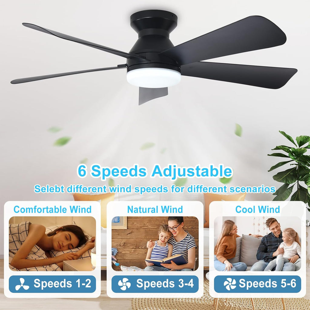 Modern Ceiling Fan with Light: 42-Inch Black Small Fans - Dimmable Low Profile Ceiling Fans with Remote Control Flush