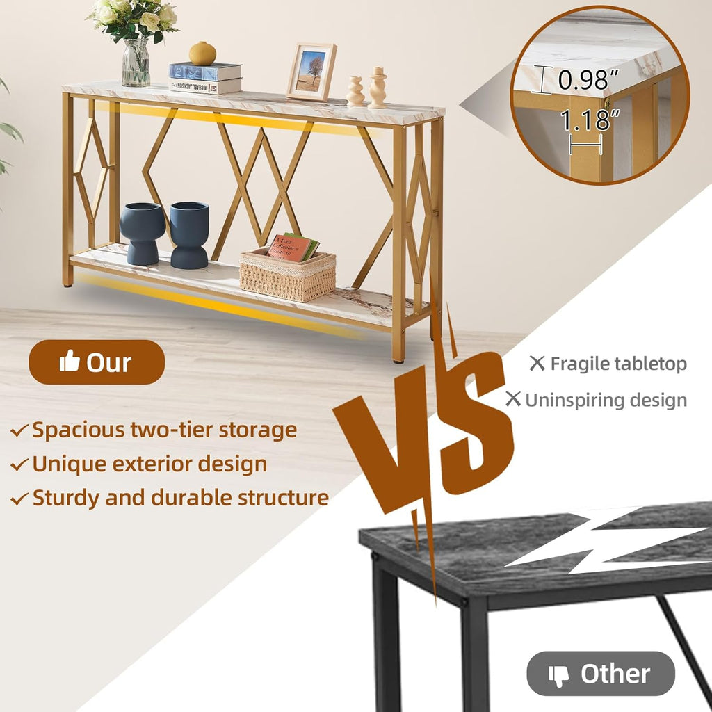 55 Inch Modern Entryway Console Table, White & Gold Faux Marble Top Engineered Wood Sofa Table with 2-Tier Open