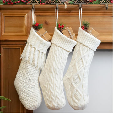 3 Pack White Farmhouse Christmas Stockings - Large 18" Rustic Boho Vintage Cable Knit Holiday Stockings, Neutral
