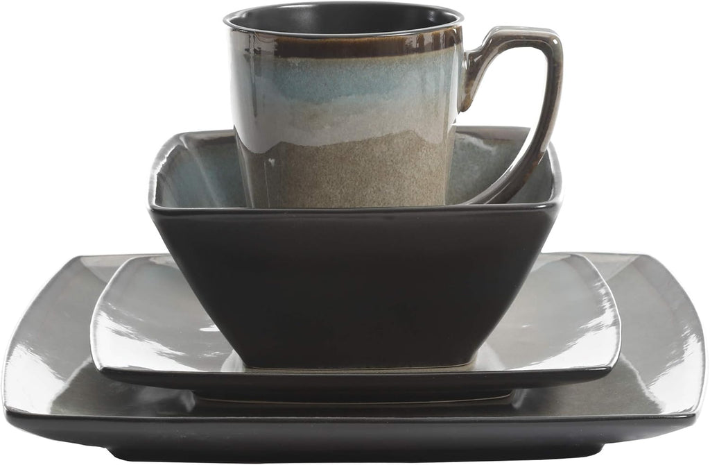 Tequesta Square Reactive Glaze Stoneware Plates and Bowls Dishes Dinnerware Set, Service for 4 (16pcs), Taupe