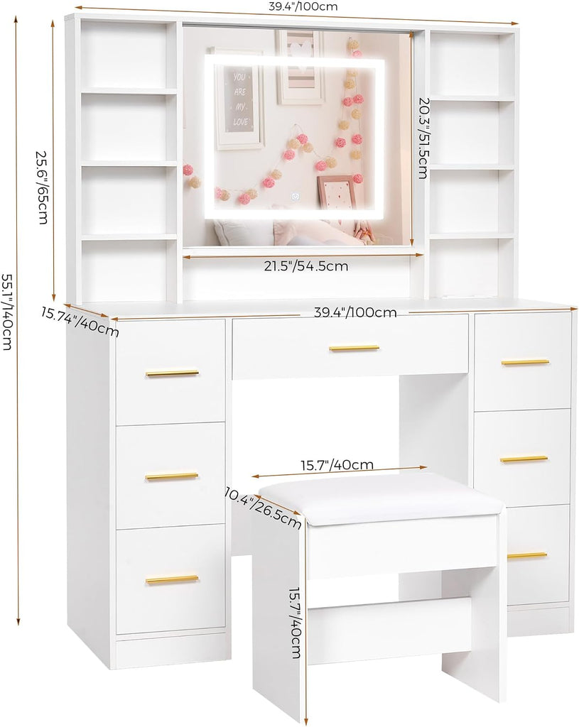39.4" White Vanity Desk with Lighted Mirror & Adjustable Lights | Girls Makeup Vanity Set with Charging