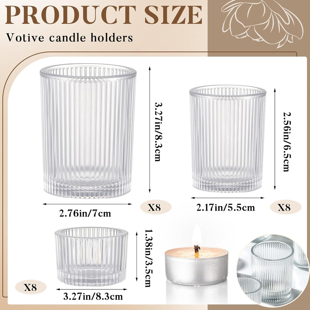 24 Pcs Assorted Votive Candle Holders Ribbed Glass Tealight Candle Holder Bulk for Table Centerpiece, Baby Shower