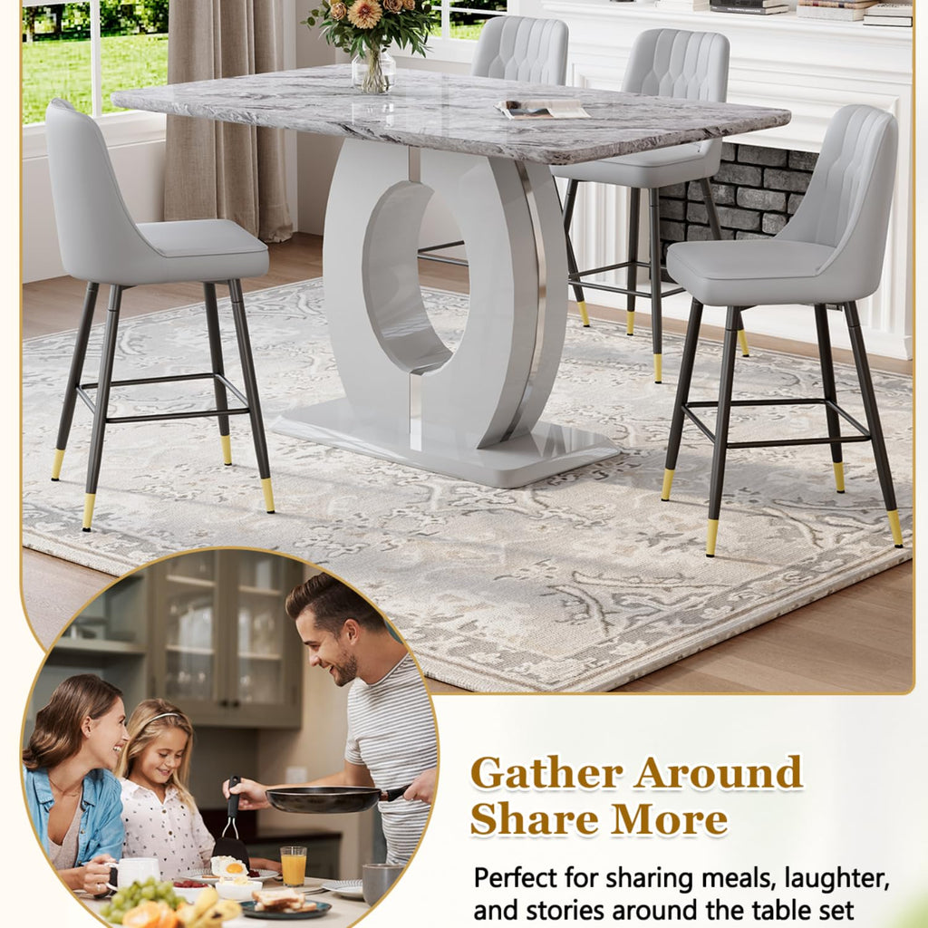 63'' Marble Dining Table Set for 6, Modern Counter Height Dining Table Set, Grey High Top Table with Leather Bar