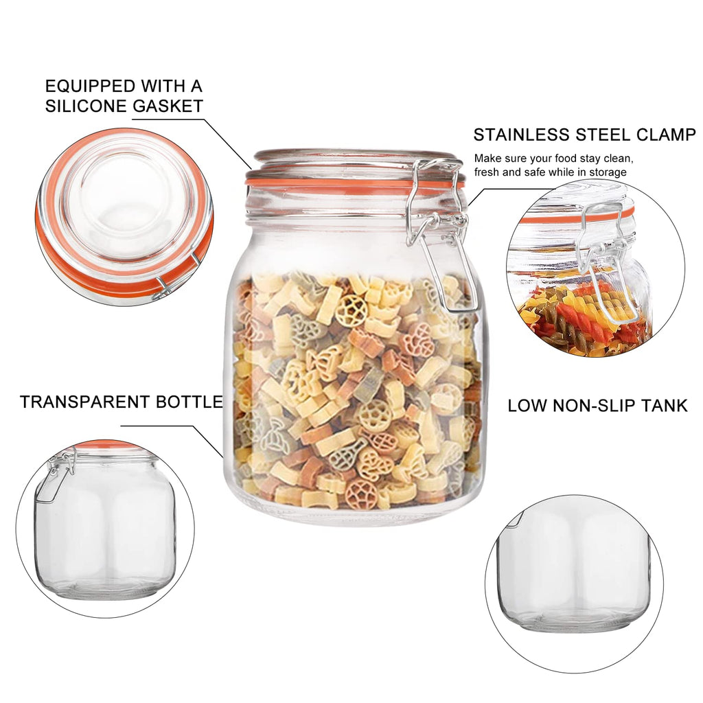 32oz Glass Food Storage Jars with Airtight Clamp Lids, 6 Pack