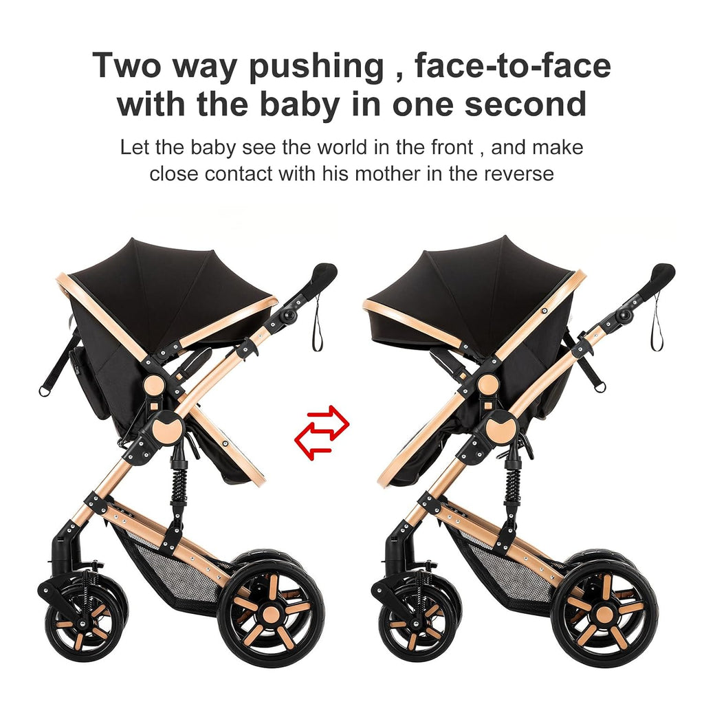 2 in 1 Baby Stroller with Bassinet Mode, Reversible Infant Pram, One-Click Folding, Newborn Travel Stroller