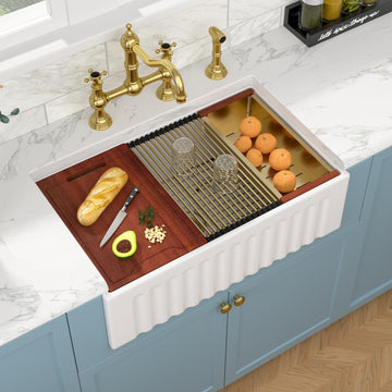 White Farmhouse Sink - 30 Inch Farm Kitchen Sink Undermount Workstation Apron Front Reversible Ceramic Fireclay