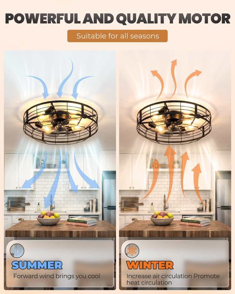23 Inch Farmhouse Caged Ceiling Fan with Light, Remote Control Flush Mount Fan Lights Ceiling Fixtures
