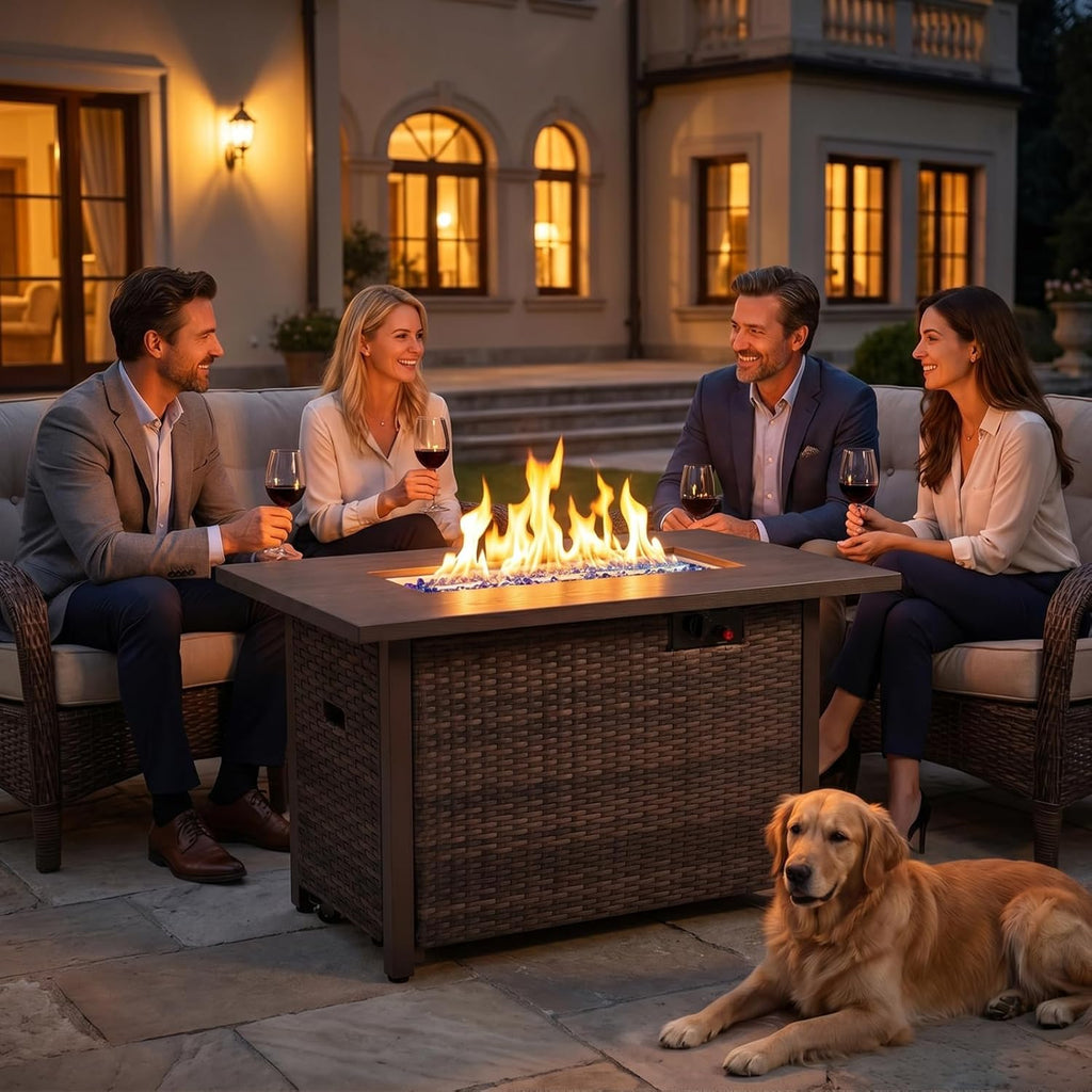 42 Inch Rectangular Propane Fire Pit Table with 50,000 BTU Output | 2-IN-1 Gas Fire Pit Table with Lid and Glass