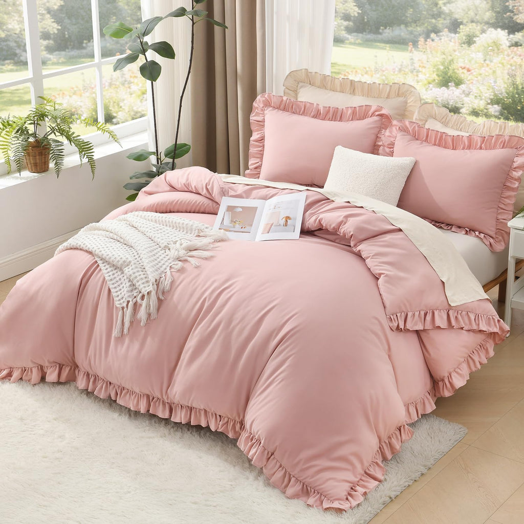 Comforter Sets, 3 Pieces Blush Pink Ruffle Girls Women Cute Bedding Comforters & Sets, Lightweight Fluffy