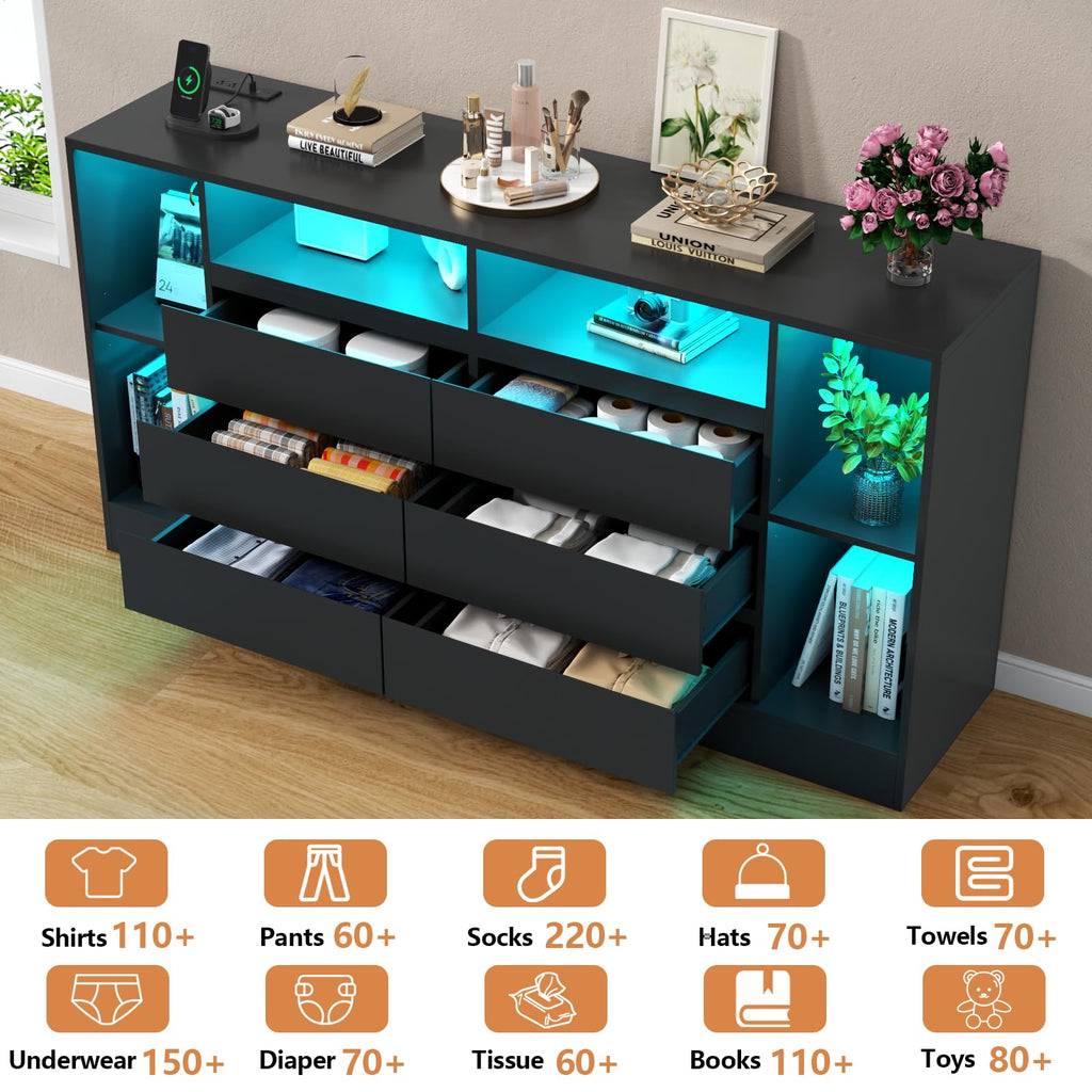 6 Drawers Dresser with 6 Open Storage Cubbies, LED with Power Outlet, 55" Wide Long Dresser, Modern TV Stand with