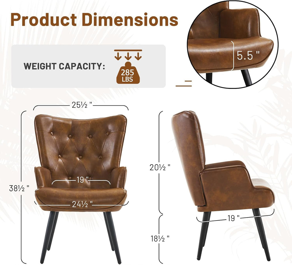 PU Leather Accent Chair , Upholstered Reading Chair with High Backrest, Tufted-Button Wingback Armchair , Dressing