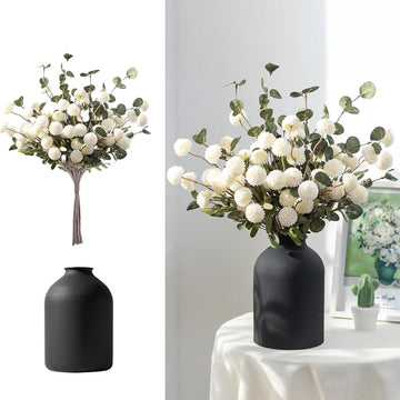 Fake Mum Flowers in Vase, White Dining Table Centerpiece Decor | With Metal Vase 12 Stems of Artificial Mums