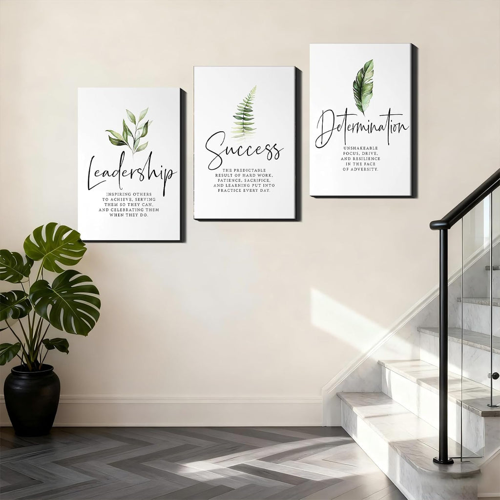 Set of 3 Framed Canvas Art - Motivational Office Wall Decor, Leadership/Success Quotes with Leaves, Inspirational