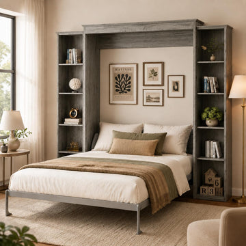 Queen Murphy Bed with 2 Storage Cabinet, Farmhouse Wood Hidden Foldable Wall Bed Frame, Space Saving Beds with