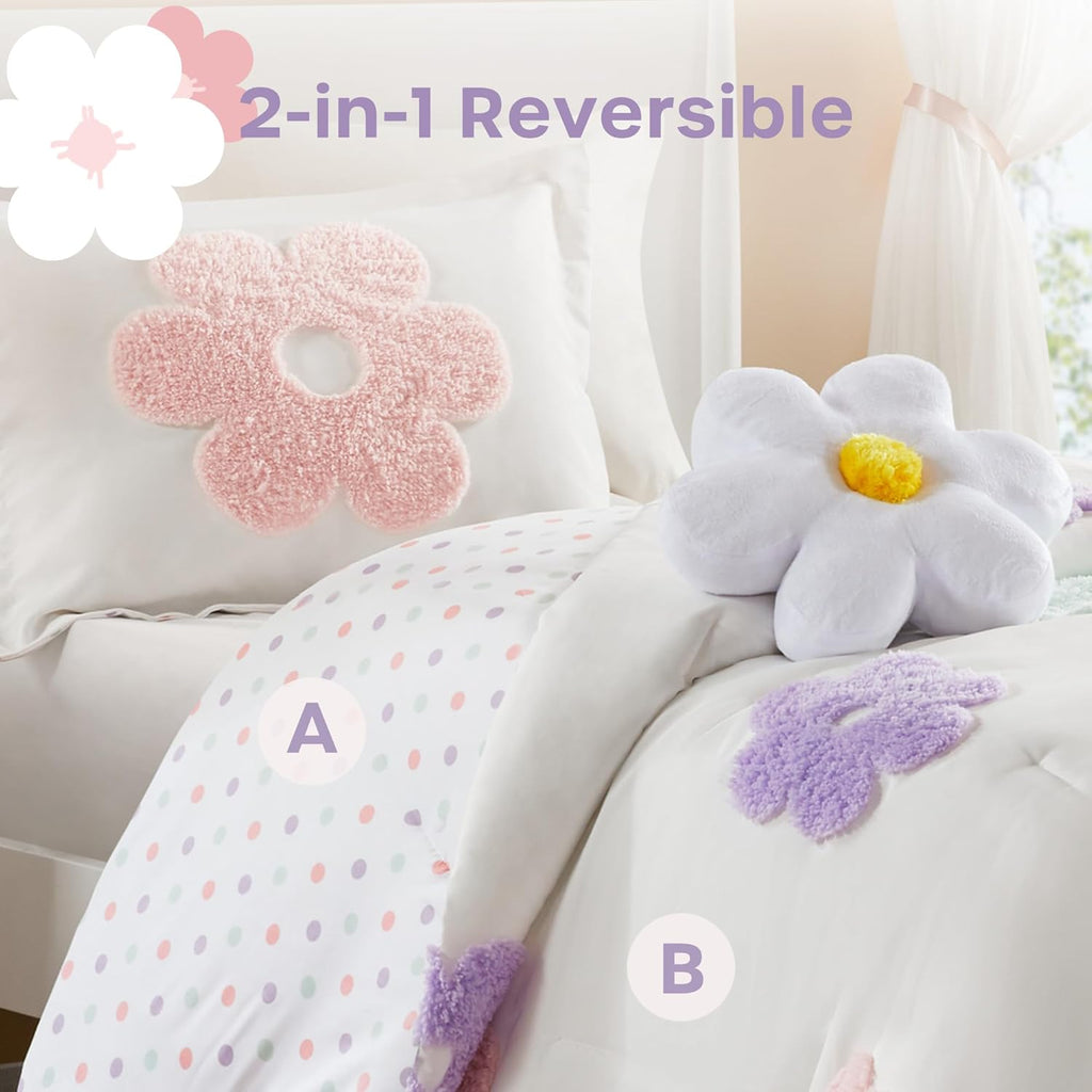 Kids Comforter Set for Girls, Tufted Chenille Floral Comforter Set, Lightweight Polka Dot Comforter