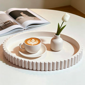 Coffee Table Tray, Large 13"×9.5" Oval Fluted Concrete Tray, Cream Decorative Serving Tray, Home Décor Accent for