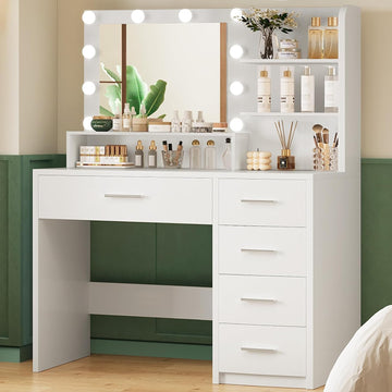 Vanity Desk with Mirror & Lights, Makeup Vanity with 5 Drawers & Storage Shelves, White Vanity Table, 3 Color Modes &